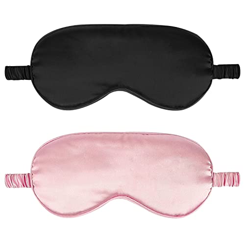 IEKEODI 2 Pack Silk Sleep Masks, Light Blocking Eye Masks, Black & Pink | Silky Soft Feel, Light Blocking Design, Gentle Elastic Fit, Breathable Comfort for Sleep, Travel and Naps - color: Black+pink