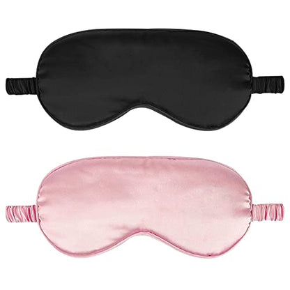 IEKEODI 2 Pack Silk Sleep Masks, Light Blocking Eye Masks, Black & Pink | Silky Soft Feel, Light Blocking Design, Gentle Elastic Fit, Breathable Comfort for Sleep, Travel and Naps - color: Black+pink