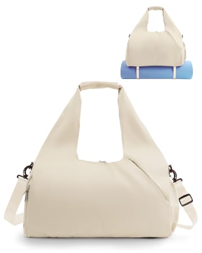 RHDZO Gym Bag for Women with Shoe and Wet Compartments, Yoga Mat Holder | Travel Duffel Bag with Water Bottle Holder, Weekend Overnight Bag for Workout Sport Dance Pilate, Detachable Shoulder Strap - color: Beige