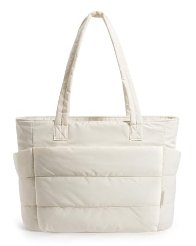 BAGSMART Puffy Tote Bag for Women, Lightweight Work Tote Handbag - color: Beige, size: Small