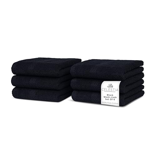 Villa Celestia Cotton Washcloths Set of 6, 12x12 Inch, 100% Ring-Spun Combed Cotton, Soft Absorbent Quick-Dry Wash Cloths for Face and Body, Oeko-TEX Certified, Hotel & Spa Quality, Black - color: Black, size: Washcloth - Pack of 06