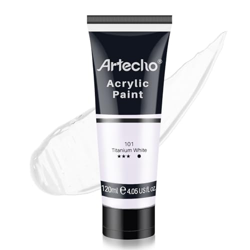 Artecho White Acrylic Paint, Titanium White Paint (120ml / 4.05oz) Tubes, Art Craft Paints for Canvas Painting, Rock, Stone, Wood, Fabric, Art Supplies | Semi Glossy Finish, High Pigment Rich Color Craft Paint for Canvas, Rocks, Wood, Fabric, Ceramic, Non