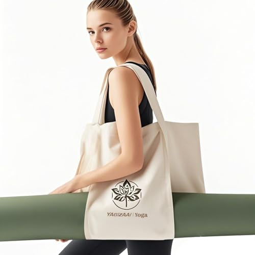 Canvas Tote Bag with Yoga Mat Carrier Pocket Carryall Shoulder Bag for Office, Workout, Pilates, Travel, Beach and Gym