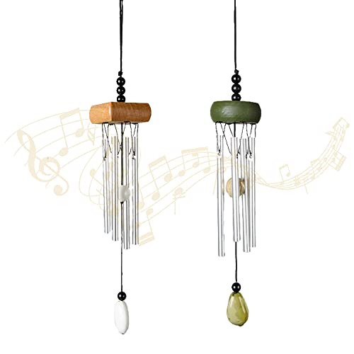 2 Pack Small Silver Wind Chime with Ceramic Blank Drops, 10 Inch Metal Garden Wind Chimes with 4 Different Len Bell Tubes, Soothing Harmony Sound Mini Outdoor Windcatcher Porches Décor