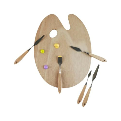 Artist's Loft Wood Paint Palette and Palette Knife Set, Ergonomic Oval Artist Tray with Stainless Steel Tools, Natural, 6-Piece Set