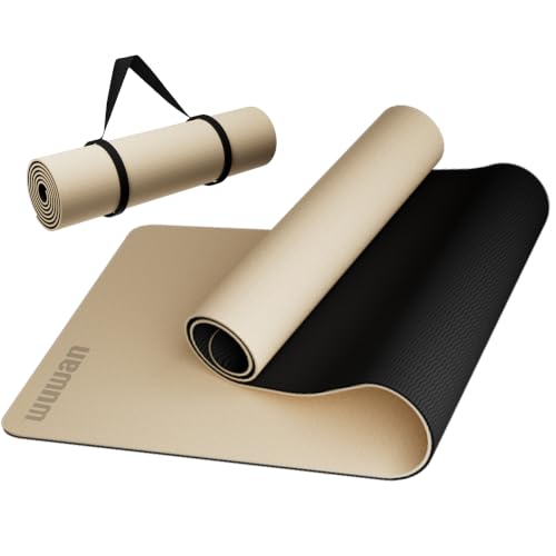 10mm0.4"TPE Yoga Mat Thick Wide Large for Home Workout Carrying Strap | Non Slip Exercise Mats Cushioned Joint-Friendly Stable,76"x28"Extra long Tapis Entrainement Au Sol Fitness,Pilates Gym Travel - color: beige