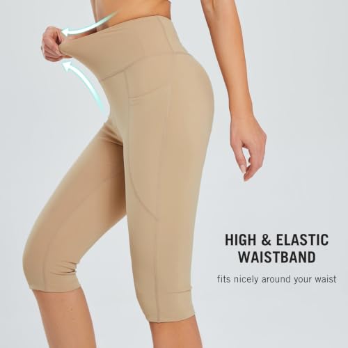 baleaf Women's Capri Leggings with Pockets Knee Length High Waisted - color: Khaki, size: X-Small