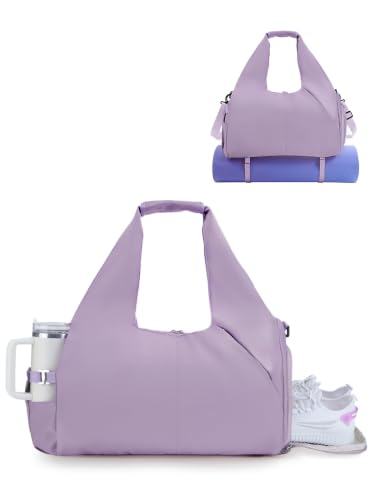 RHDZO Gym Bag for Women with Shoe and Wet Compartments, Yoga Mat Holder | Travel Duffel Bag with Water Bottle Holder, Weekend Overnight Bag for Workout Sport Dance Pilate, Detachable Shoulder Strap - color: Purple-Upgraded