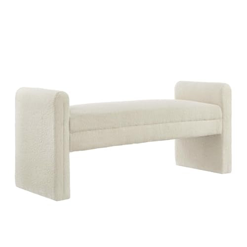 24KF Modern Upholstered Bed Bench Covered with Soft Boucle Teddy Fabric, Lovely Entryway Bench Ottoman with Armrest,5062-Cream - color: Cream Teddy Bench