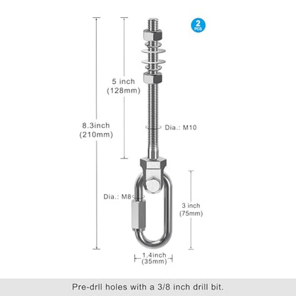 Dolibest Heavy Duty Swing Hanger, 304 Stainless Steel Swing Bolts w/Quick-Connect Carabiner, Swing Hook w/Dual-Screw Locking for Hammock, Yoga Swing, Porch Swing for Wood/Metal Beam-(M10X5'')-1500LB - color: M10x5''-2pcs