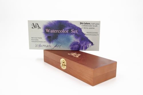 Professional Watercolor Paint Set - 24 Half Pan Highly Pigmented Transparent Water Color Adult Paints with #4 Synthetic Water color Brush, Ceramic Mixing Palette & Wooden Box Gift Watercolor Kit