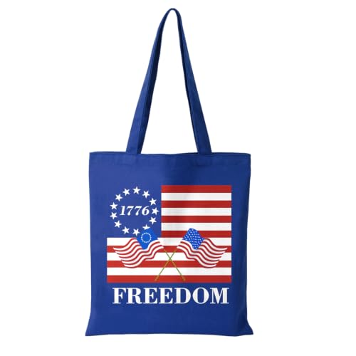 Canvas Tote Bag with Zipper for Women, Halloween Trick or Treat Bags Bulk | 13.8" x 15.3" Fashionable Two-Tone Cotton Tote Bag for Crafts, DIY Your Creative Designs - color: [A0] Freedom - Blue