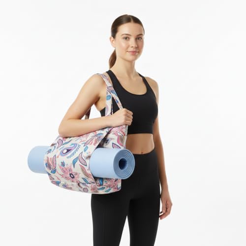 Floral Paisley Pattern Yoga Bag, Canvas Tote with Blue and Pink Design, Spacious Carrier for Yoga Mat and Accessories - color: White