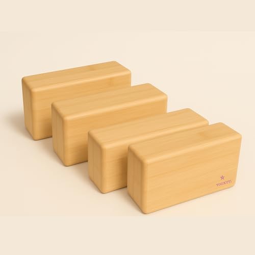 Yogikuti Bamboo Yoga Block Set of 4 – Premium Wooden Support Block for Iyengar Yoga, Pilates and Fitness – Lightweight, Strong & Sustainable