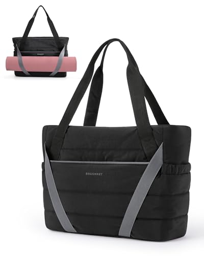 BAGSMART Tote Bag for Women with Zipper and Yoga Mat Straps - color: Black