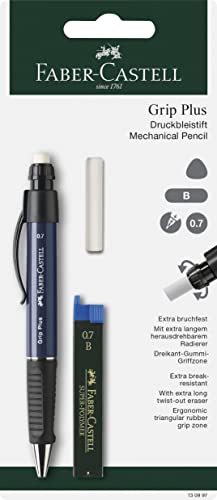 Faber-Castell 130997 Grip Plus Blister Mechanical Pencil, Assorted Colours, 0.7 mm + B Lead + Eraser | Ergonomic triangular grip zone, eraser and break-resistant lead for comfortable writing