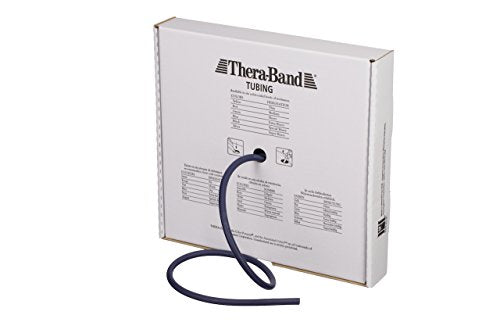 THERABAND Resistance Tubes, Professional Latex Elastic Tubing For Full Body, Core Exercise, Physical Therapy, Lower Pilates, At-Home Workout, & Rehab, 25 Foot, Blue, Extra Heavy, Intermediate Level 2 | Latex resistance tubing where the color marks the res