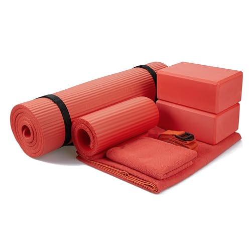 BalanceFrom 7-Piece Yoga Set with 71x24x0.5 Inches Extra Thick Mat and Carrying Sling – Includes 2 Blocks, Stretch Strap, 2 Towels, and Knee Pad for Home, Studio, and Gym Workouts - color: Red