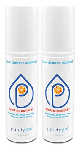 Purefypro Sports Equipment Disinfectant Spray - (4oz, 2pk) Kills 99.9999% MRSA, HIV, Athlete Foot Fungus, Virus and Fungi. No Rinse, No Residue. Sports Pads, Yoga Mats, Shoes, Boxing Gloves Euipment - size: 4 Fl Oz (Pack of 2)