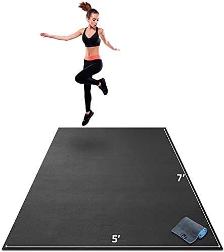 Gorilla Mats Large Exercise Mat – 6'x4', 7'x4', 7'x5', 8'x4', 10'x4' (1/4" Thick) – Ultra Durable Workout Mat for Home Gym Flooring – Non-Slip, Flat Fitness, Yoga & Weight Lifting Floor Mat - color: Gorilla Black Mat with Gray Towel, 2 Storage Straps and