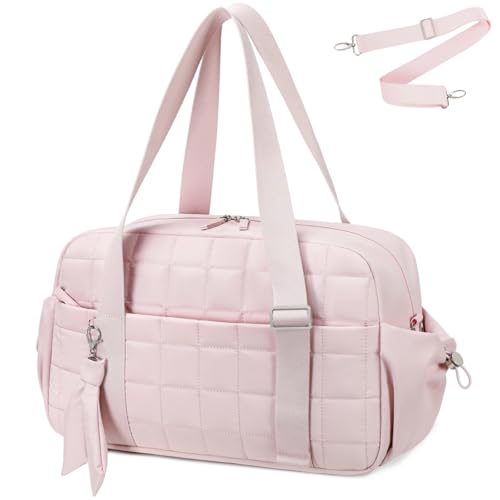 CAMTOP Mini Gym Bag for Women, Small Gym Tote Bag Puffy Quilted Sports Duffel Bag with Wet Compartment and Coin Purse Duffel Bags Dance Yoga Workout Bag for Gifts (Pink, Medium-16") - color: Pink, size: Medium-16"