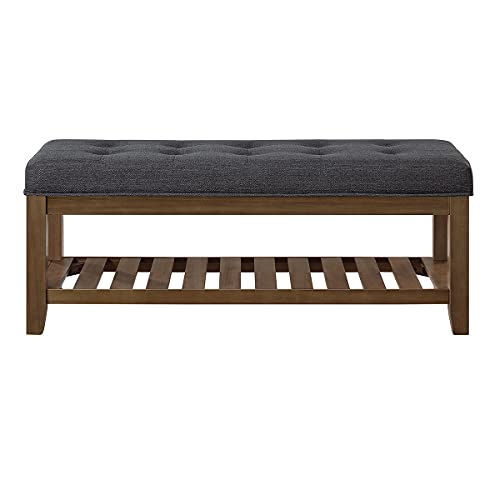 24KF Large Rectangular Upholstered Tufted Linen Fabric Ottoman Bench, Padded Bench with Solid Wood Shelf-Charcoal - color: Charcoal-bench, size: 16"D x 44"W x 18"H