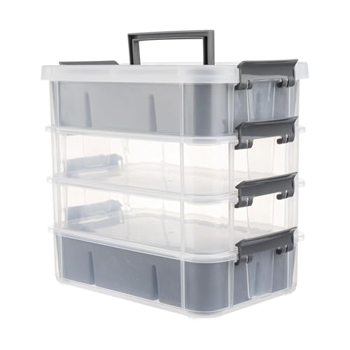CraftGenes Craft Organizers and Storage, 4-Tier 10 Qt Box, 2 Trays, Grey | Clear Compartments; Dual Removable Inserts; Carry Handle; Side Latches; Beads, Ribbon, Stamps, Scrapbook Pieces, DIY Tools - color: Grey