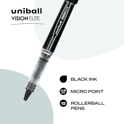 uni-ball Vision Elite Rollerball Pens Fine Point Micro Tip, 0.5mm, Black, 12 Pack - color: Black, size: 12 Count (Pack of 1), style: Micro Point