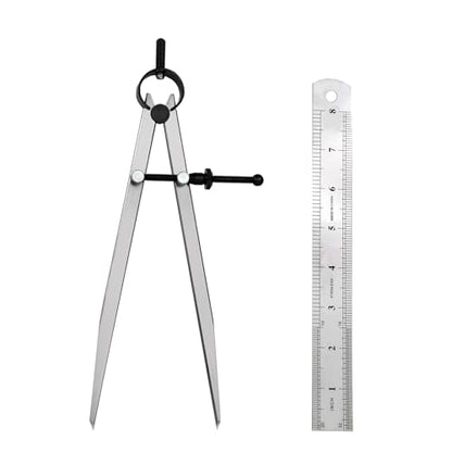 Professional Metal Compass Set, 8 Inch Adjustable Divider Leather Compass & 8 Inch Steel Ruler, Drafting Compass Tool for Leather Work, Woodworking, Metalworking, Geometry Drawing