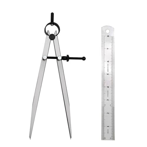 Professional Metal Compass Set, 8 Inch Adjustable Divider Leather Compass & 8 Inch Steel Ruler, Drafting Compass Tool for Leather Work, Woodworking, Metalworking, Geometry Drawing