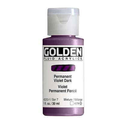 GOLDEN Fluid Acrylics, Permanent Violet Dark, 1 fl. oz. Bottle | Artist grade acrylic paint with rich pigment load and a flowing constency useful for even coverage and fine details.