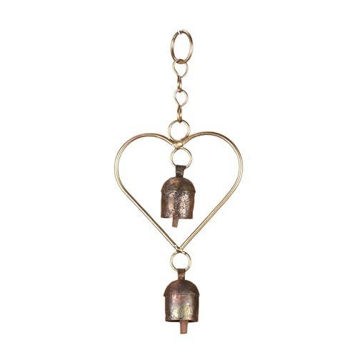 Rustic Metal Heart Bell Wind Chime – Heart-Shaped Decorative Bell with Antique Brass Finish – Hanging Indoor Outdoor Farmhouse Decor – Valentine's Gift or Garden Accent 8.5 x 3.75 Inch - color: Twin Heart
