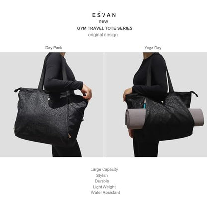 ESVAN Yoga Tote Bag for Women Shoulder Bags Drawstring for Office Workout Travel Carryall Pilates Gym and Beach - color: Nylon Black