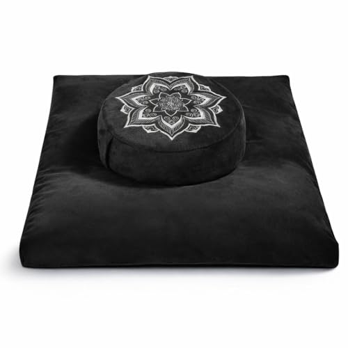 Meditation Cushion Set Zafu & Zabuton – Buckwheat Hull & Memory Foam, Adjustable Floor Pillow for Yoga, Meditation & Sitting, Removable Velvet Cover (Classic Black) - color: Classic Black
