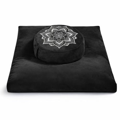Meditation Cushion Set Zafu & Zabuton – Buckwheat Hull & Memory Foam, Adjustable Floor Pillow for Yoga, Meditation & Sitting, Removable Velvet Cover (Classic Black) - color: Classic Black