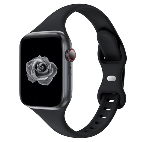 Thin Slim Band Compatible with Apple Watch 38mm 40mm 41mm 42mm 44mm 45mm 46mm 49mm, Replacement Silicone Sport Strap for iWatch Series 11/10/9/8/7/6/5/4/3/2/1 Ultra SE Women Men, Black - color: #Black, size: 44mm/45mm/46mm/49mm/42mm(series 3 2 1)