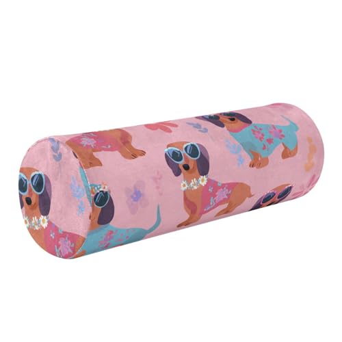 Bolster Pillow Neck Pillow Round Soft Health Memory Foam Pillows Long Cylindrical Body Pillow with Removable Cover Cute Back Yoga Cartoon Dachshunds Flowers Pink 17" x 5.5" - color: Cartoon Dachshunds Flowers Pink