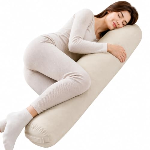 Velvet Bolster Pillow for Adults, Long Round Body Pillow for Bed, 54x7.87 - color: Beige, size: 54*7.87