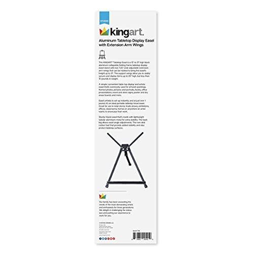 KINGART Adjustable Black Aluminum Table Top Display Easel with Extension Arm Wings -15" to 21" High - Portable Artist Tripod Folding Frame Stand - Holds Canvas, Paintings, Books, Photos, Signs