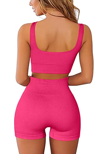 QINSEN Workout Sets for Women 2 Piece Seamless Ribbed Crop Tank High Waist Shorts Yoga Outfits - color: Rosy, size: Large