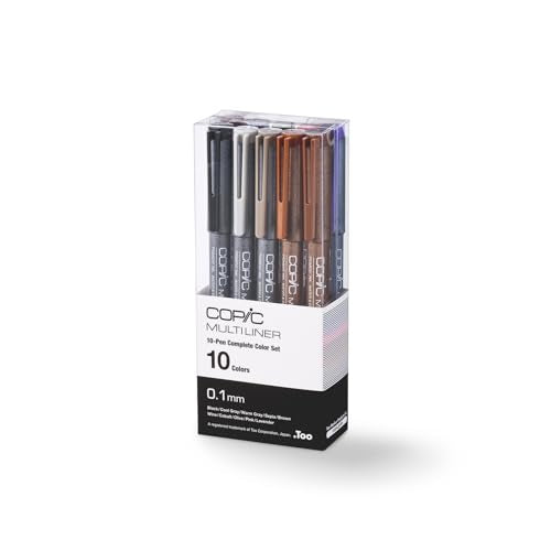 Copic Multiliner Set, 10-Pen Complete Color Set - 0.1mm, Water-based pigment ink (alcohol resistant and becomes waterproof when dry)