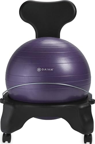 Gaiam Classic Balance Ball Chair – Ergonomic Stability Chair for Desk & Office | Yoga Ball Seat with Base, Air Pump, & Exercise Guide | Improves Posture & Core Strength (300 lb Capacity) | 52cm stability ball chair builds core strength while you sit. Incl