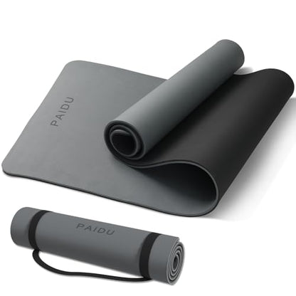 PAIDU POE Yoga Mat （10mm）Extra Thick Fitness Mat 72"x24" with Carry Strap | Non-slip, tear-resistant and suitable for all ages, perfect for yoga, Pilates, home gym and full-body workouts. - color: Grey+Black.