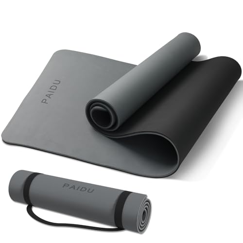 PAIDU POE Yoga Mat （10mm）Extra Thick Fitness Mat 72"x24" with Carry Strap - color: Grey+Black.