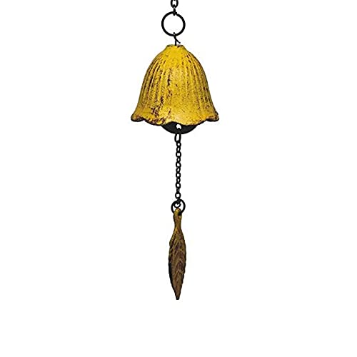 Japanese Traditional Lucky Small Wind Chimes for Outside, Iwachu Cast Iron Bless Temple Wind Bell Memorial and Sympathy Leaf Wind Chimes Indoor Garden Bell, Patio, Balcony (Yellow Leaf)