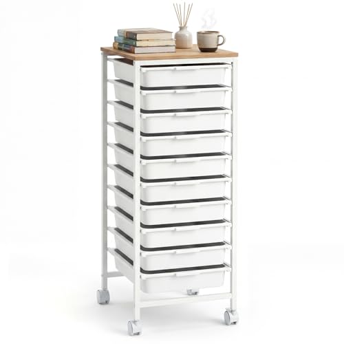 GOFLAME 10-Drawer Rolling Storage Cart, Craft Storage Cart with Wooden Tabletop and Lockable Wheels, Art Cart Supply Storage Organizer with Metal Frame for Home Office Classroom, White - color: White, size: 10-Drawer with Wood Top
