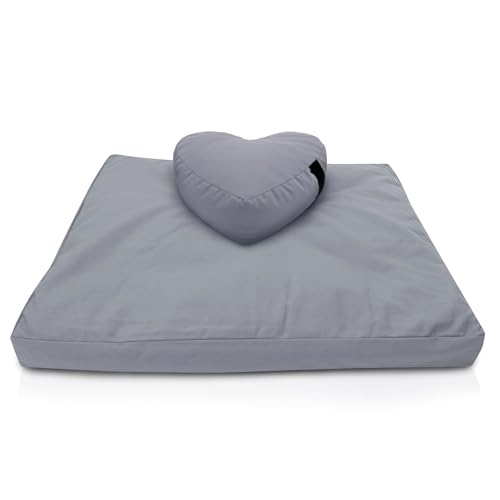 Bean Products Meditation Cushion Mat Set - Zafu Floor Pillow Organic Buckwheat Pillow + Cotton Filled Zabuton Prayer Pad - Meditation Pillow Yoga Knee Pad - Made in USA - 14" Round or 18" Oval - color: Stone Gray - 10oz Cotton Canvas, size: Heart Shaped C