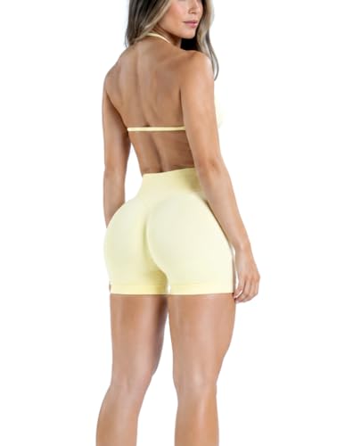 MOYOOGA 2 Piece Workout Sets for Women Seamless Shorts and Strappy Sports Bra Athletic Gym Yoga Matching Outfits - color: Yellow, size: Large