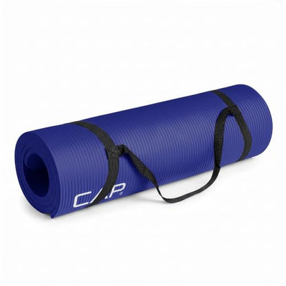 CAP 1/2" Thick Yoga Mat, Exercise & Workout Mat with Strap, Blue | Latex-free NBR foam cushions knees and joints for Pilates, stretching, core training, floor exercises and home fitness.