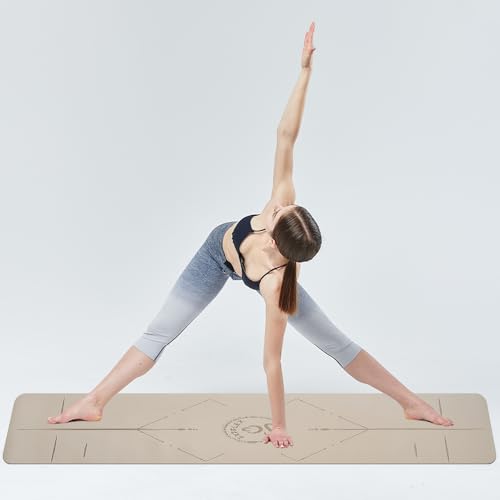 Natural Rubber Yoga Mat - Non Slip Non Toxic - 5mm Thick Yoga Mat for Hot Yoga/Pilates - Extra Large 26.8’’ with Alignment Guide - Sweat Proof - with Carrying Bag - color: Latte Grey